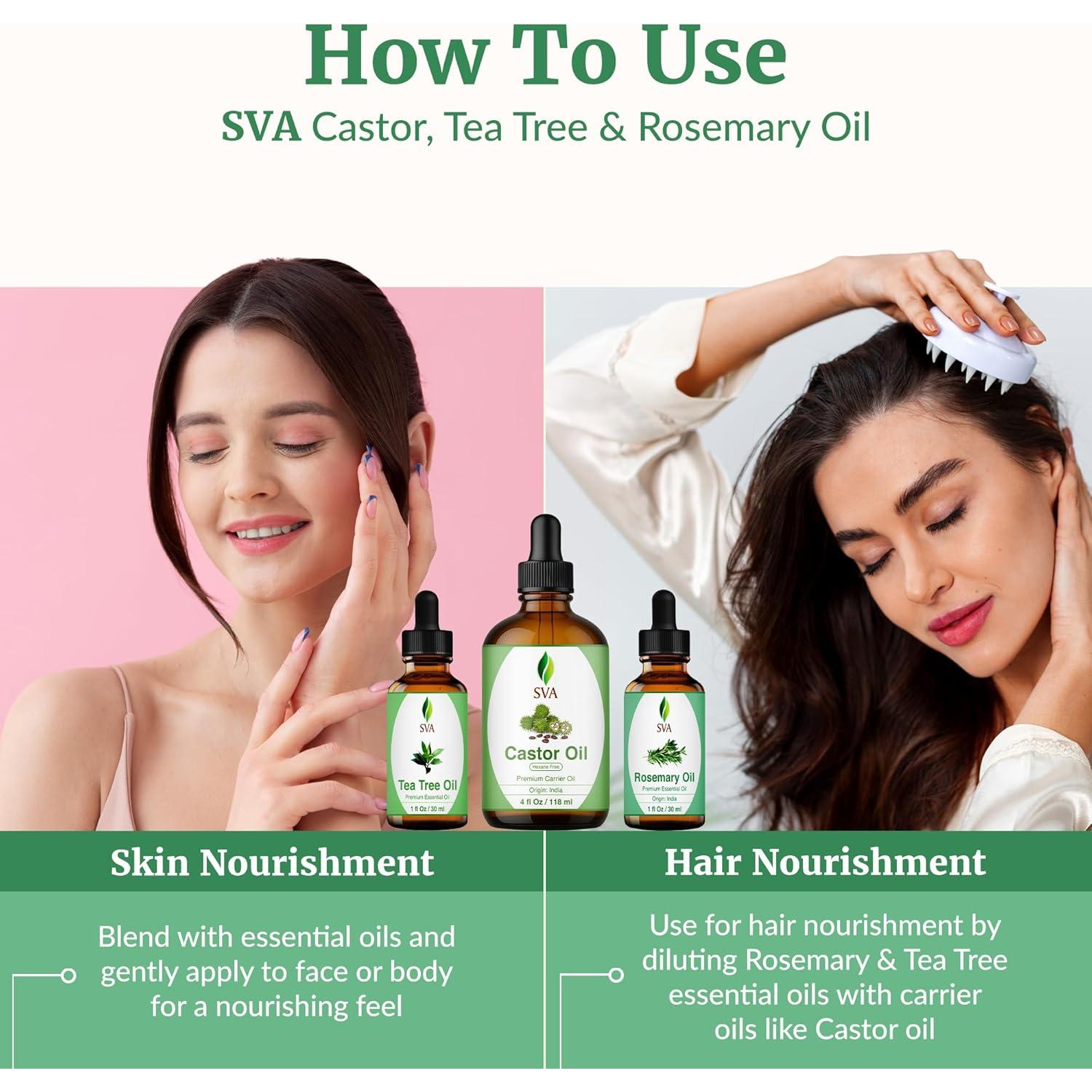 Set de Aceites SVA: Ricino 113ml, Romero 28ml, Árbol de Té 28ml