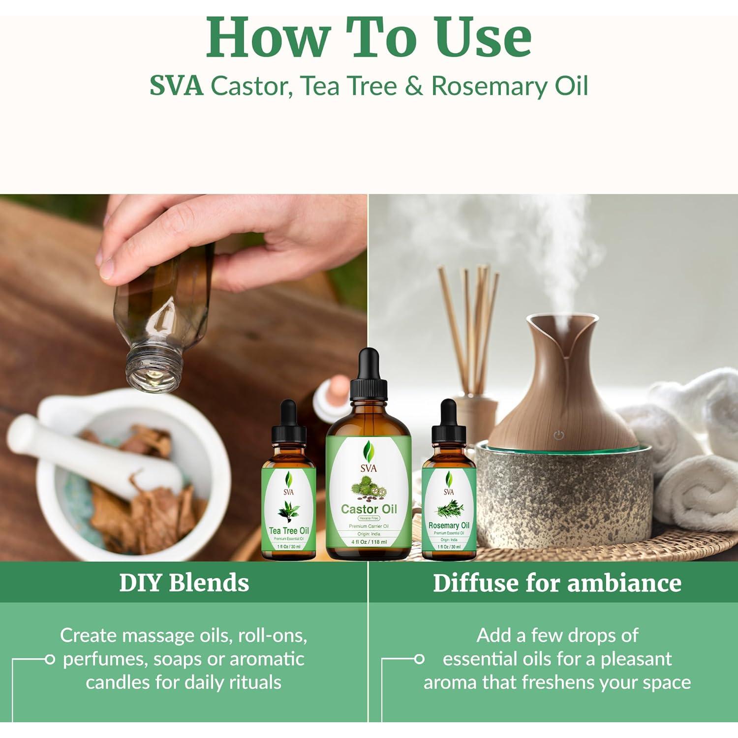 Set de Aceites SVA: Ricino 113ml, Romero 28ml, Árbol de Té 28ml