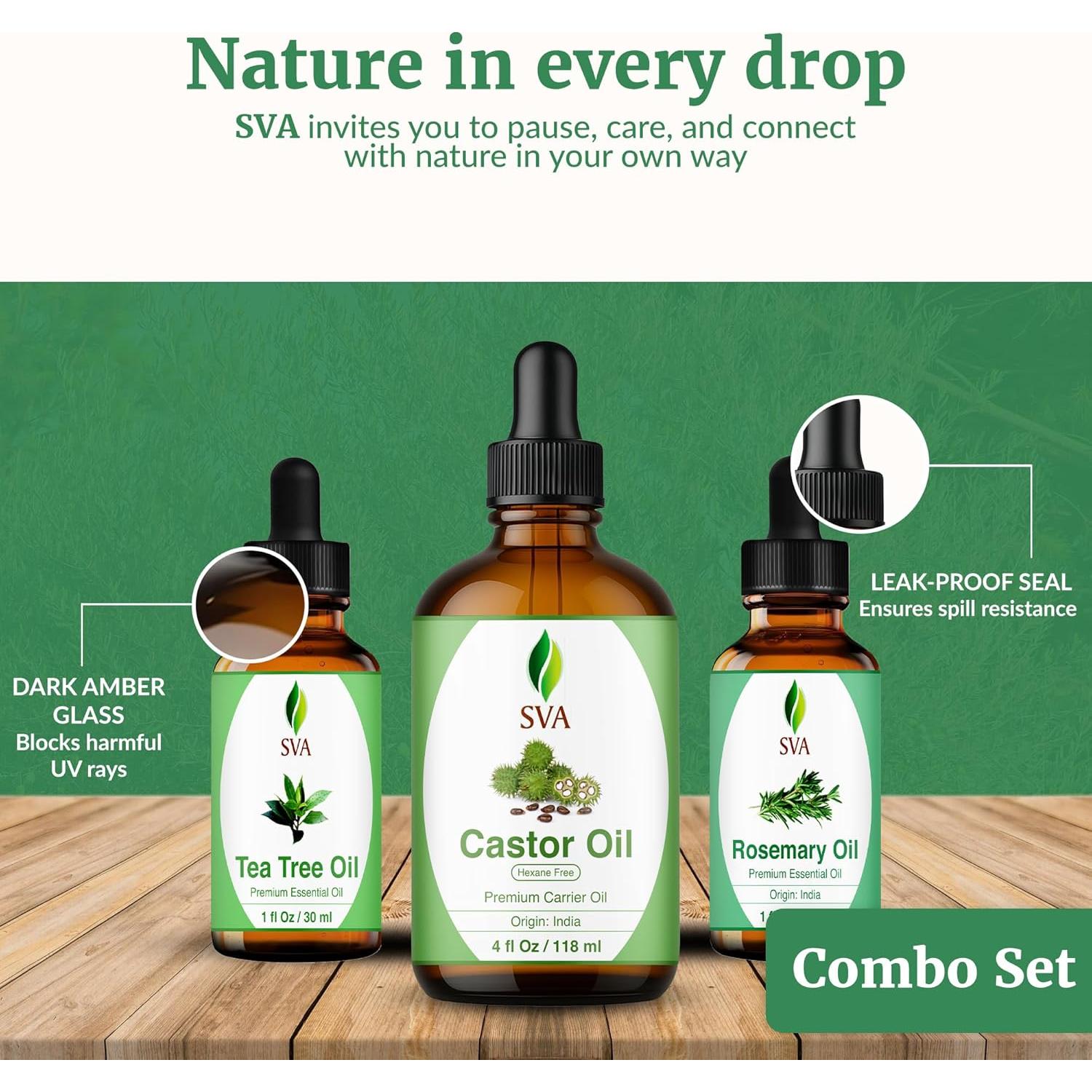 Set de Aceites SVA: Ricino 113ml, Romero 28ml, Árbol de Té 28ml