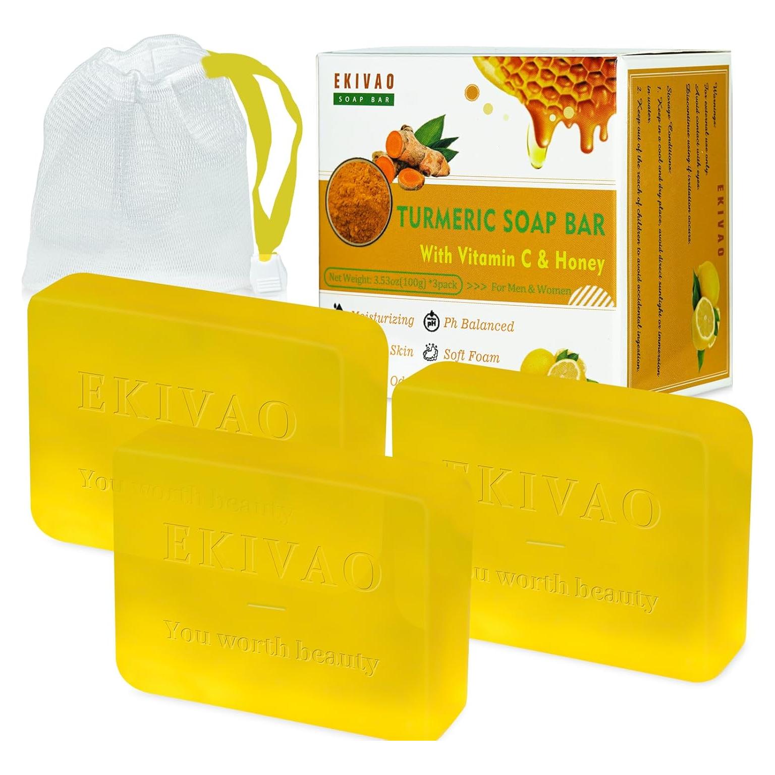 Jabón Orgánico de Cúrcuma EKIVAO - 3 Paquetes 85g Hidratante