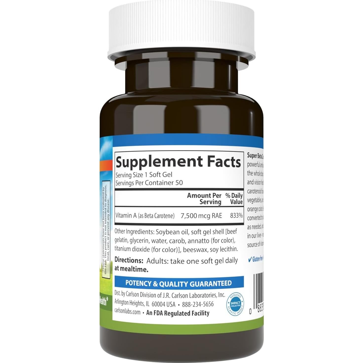 Suplemento de Beta Caroteno Carlson 25000 UI 50 Softgels