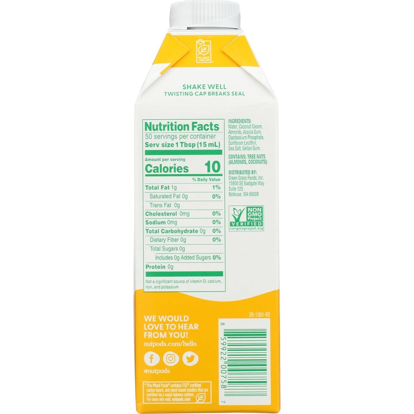 Crema de Almendra y Coco NUTPODS 750 ml Sin Azúcar