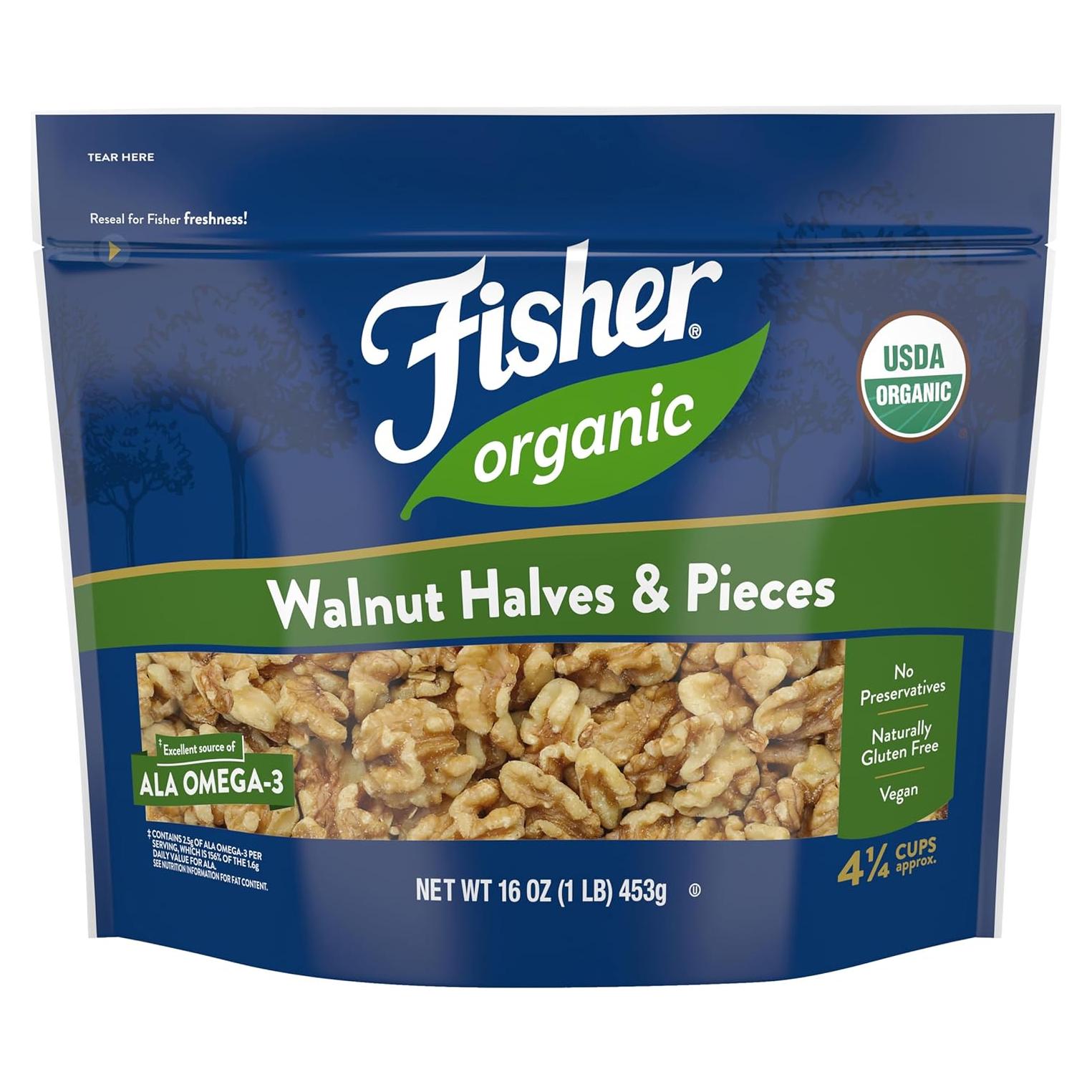 Nueces Orgánicas Sin Sal Fisher 453.6 g - Mitades y Piezas