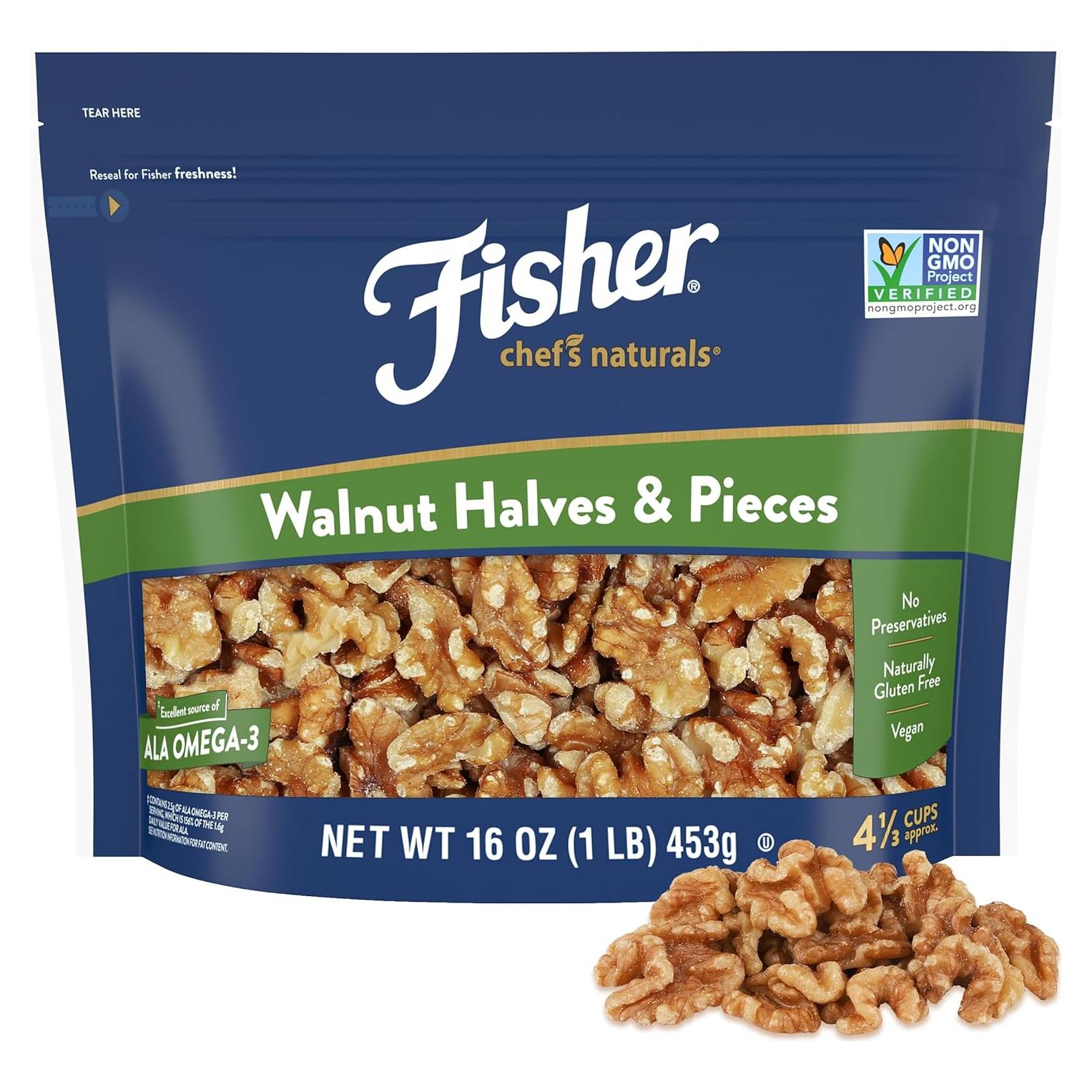 Nueces Fisher Mitades y Piezas 453g Sin Sal - Snack Saludable