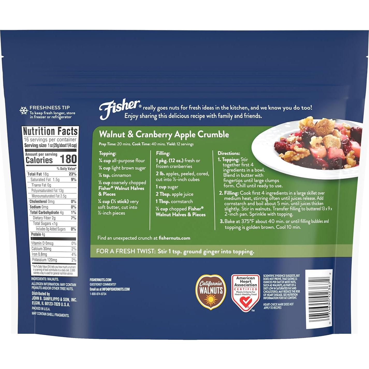 Nueces Fisher Mitades y Piezas 453g Sin Sal - Snack Saludable