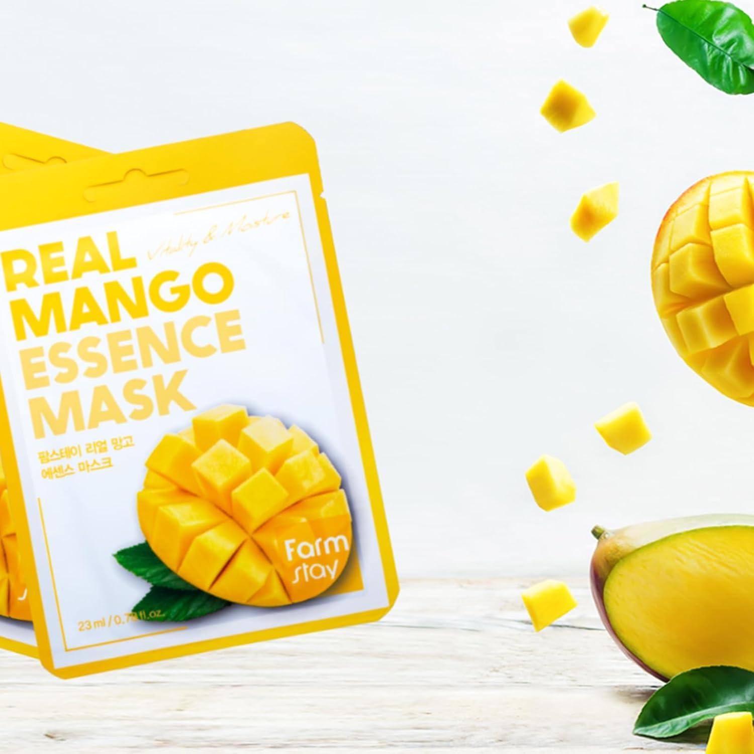 FARMSTAY Real Mango Essence Mask - Mango Extract Face Mask - With Plumping Hyaluronic Acid - Nourishes Skin, Stimulates Cell Regeneration - 0.78 oz