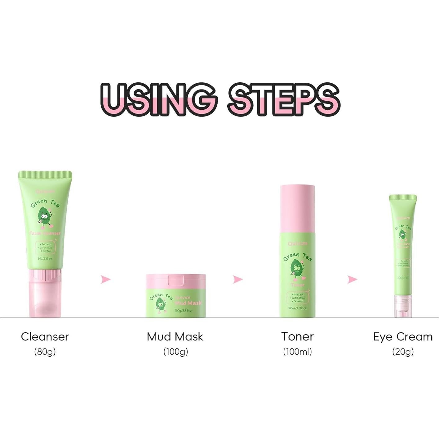 Set de Cuidado Facial Coreano QUIYUM con Té Verde - 7 Piezas