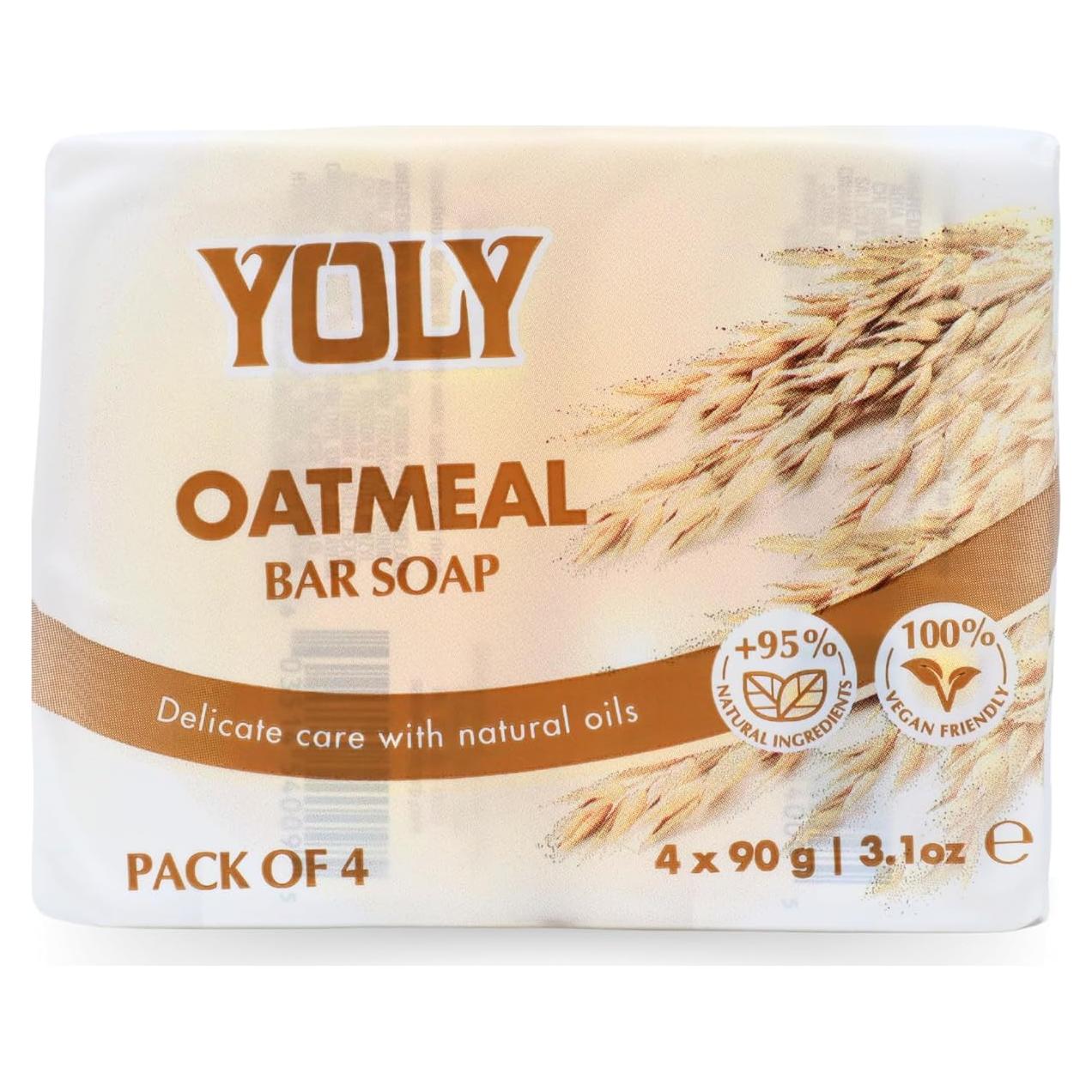 Jabón de Avena YOLY 90 g - Hidratante Vegano, Paquete de 4