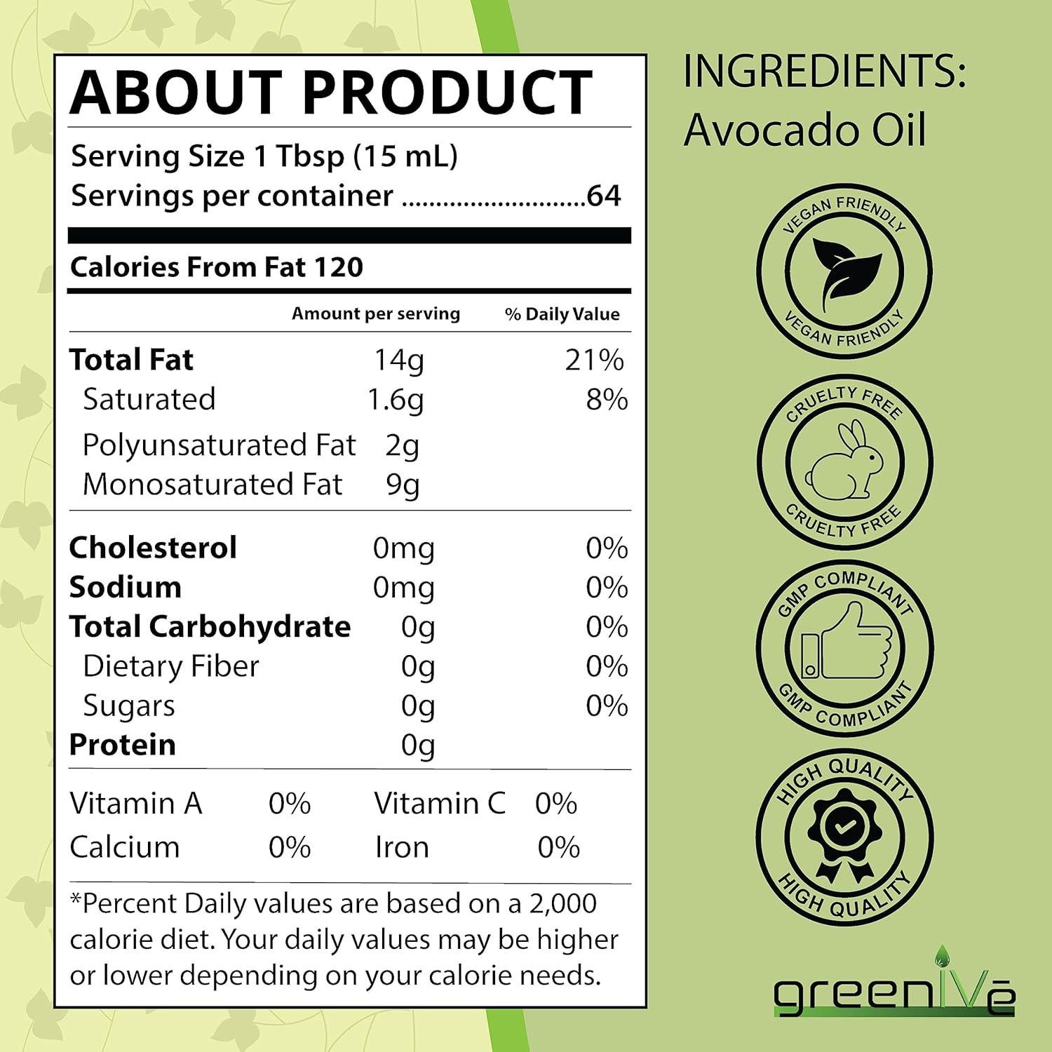 Aceite de Aguacate GreenIVe 100% Puro 0.95L Prensado en Frío