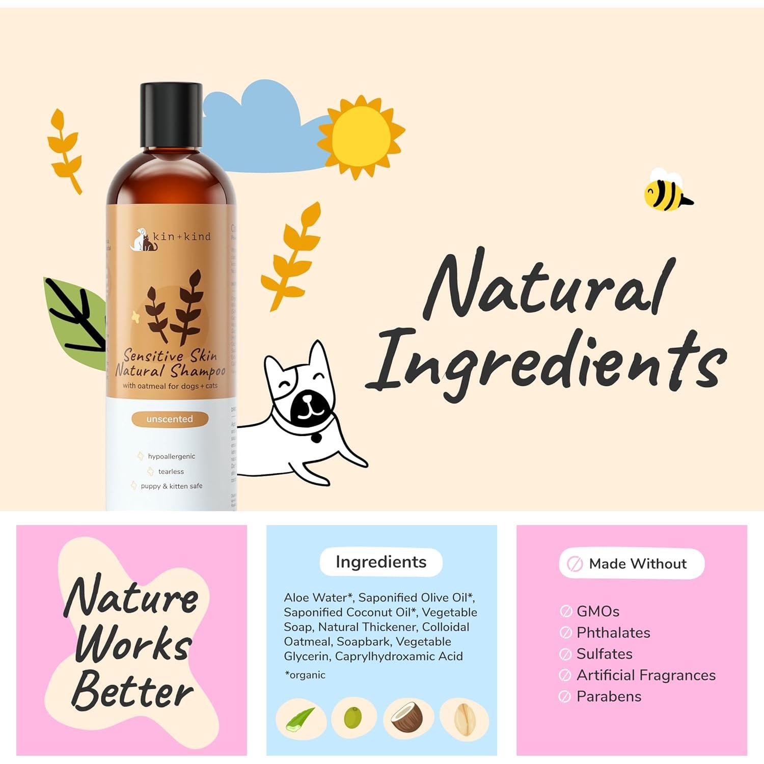 Champú Natural de Avena kin+kind para Perros y Gatos 354ml