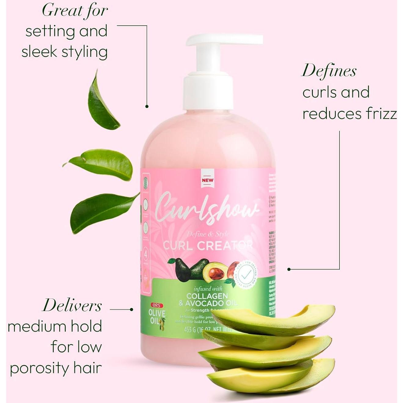 ORS Aceite de Oliva Curlshow 453.6 g - Creador de Rizos con Colágeno y Aceite de Aguacate