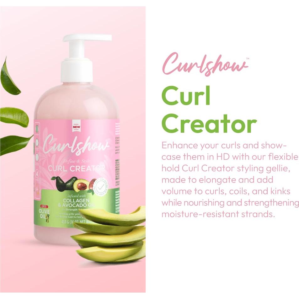 ORS Aceite de Oliva Curlshow 453.6 g - Creador de Rizos con Colágeno y Aceite de Aguacate