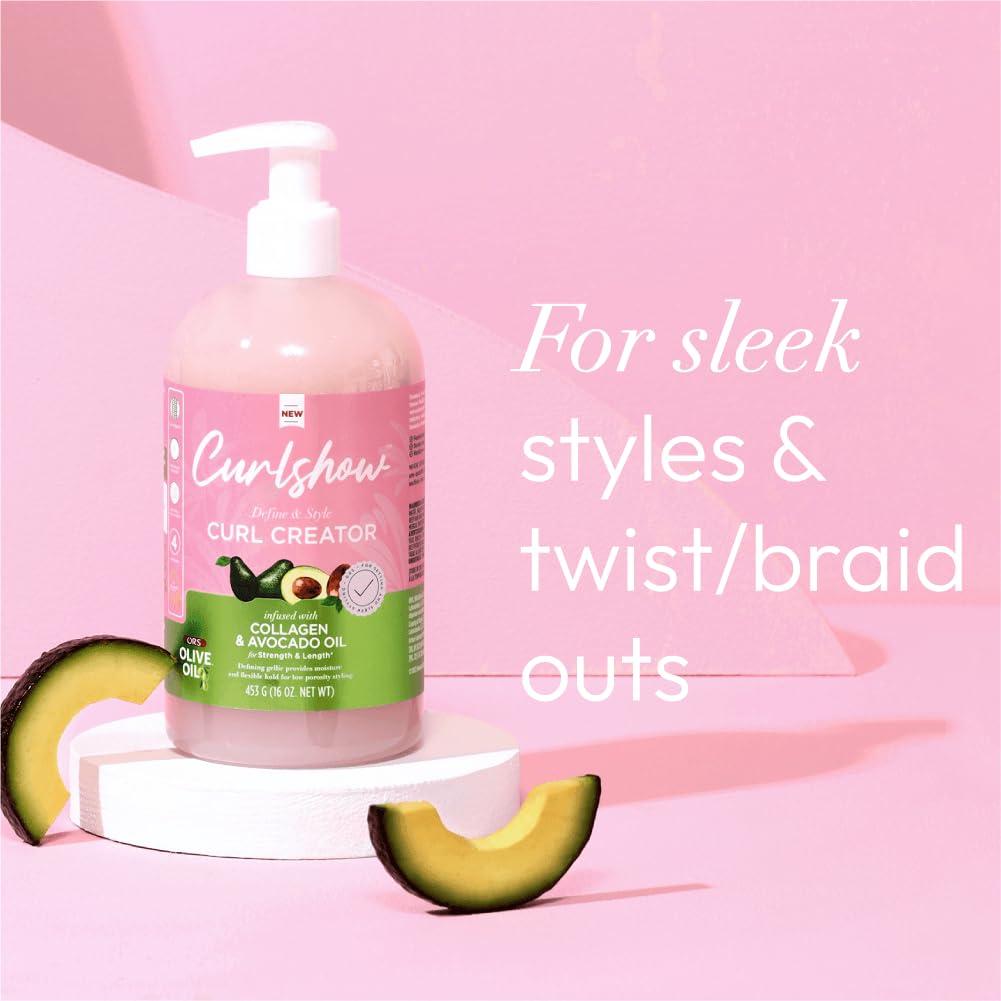 ORS Aceite de Oliva Curlshow 453.6 g - Creador de Rizos con Colágeno y Aceite de Aguacate