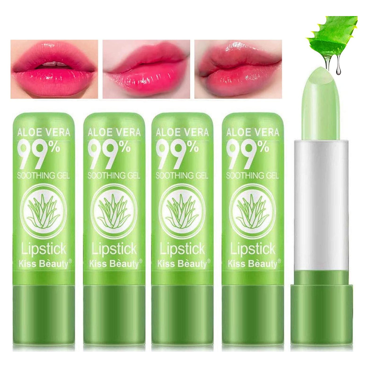 5 Pack Aloe Vera Color Changing Lipstick, 24 Hours Long Lasting Moisturizing Temperature Color Changing Aloe Vera Lip Gloss Lip Balm, Korean PinkPH Magic lipstick labiales magicos pintalabios