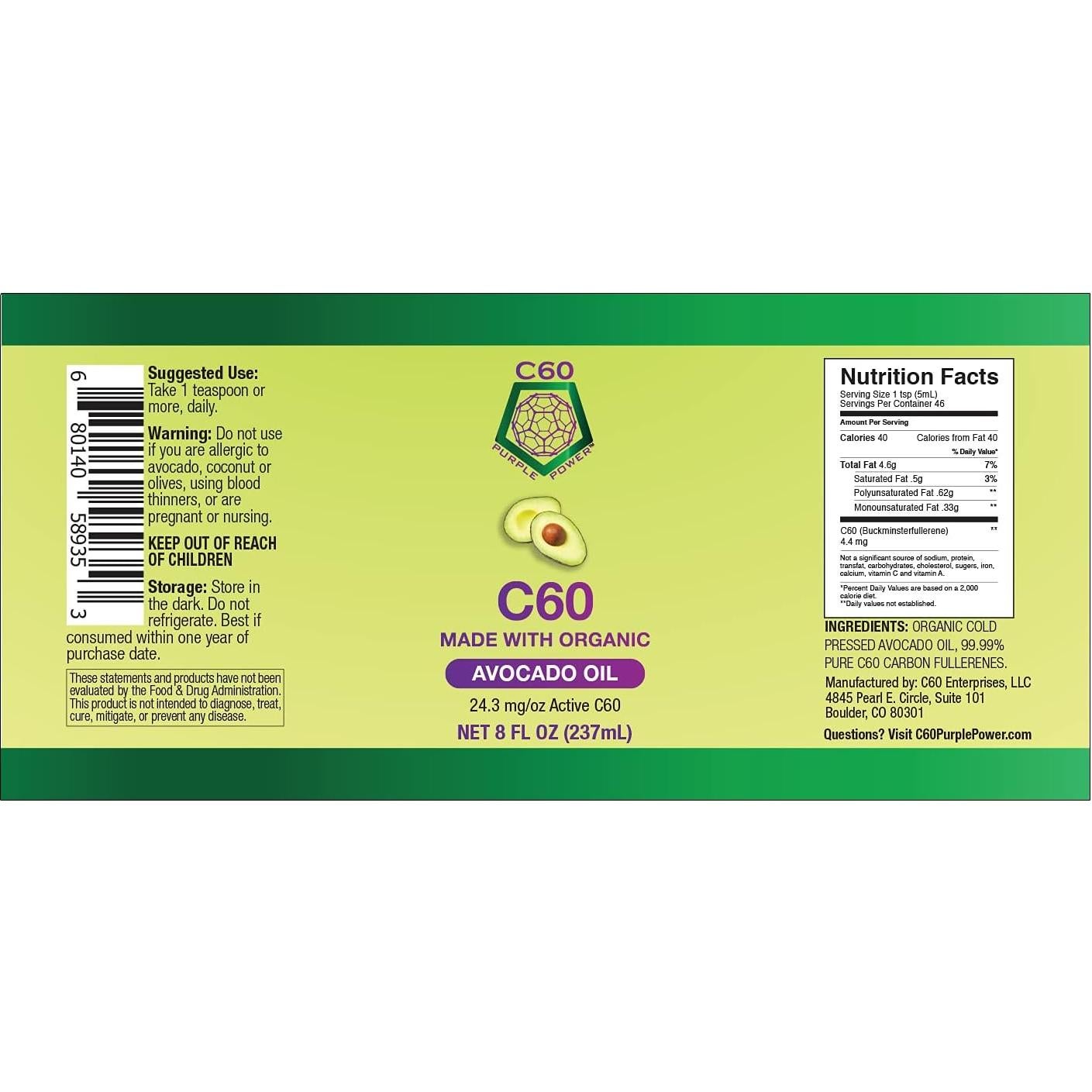 Aceite de Aguacate Orgánico C60 Purple Power 236.6 ml - 99.99% Puro