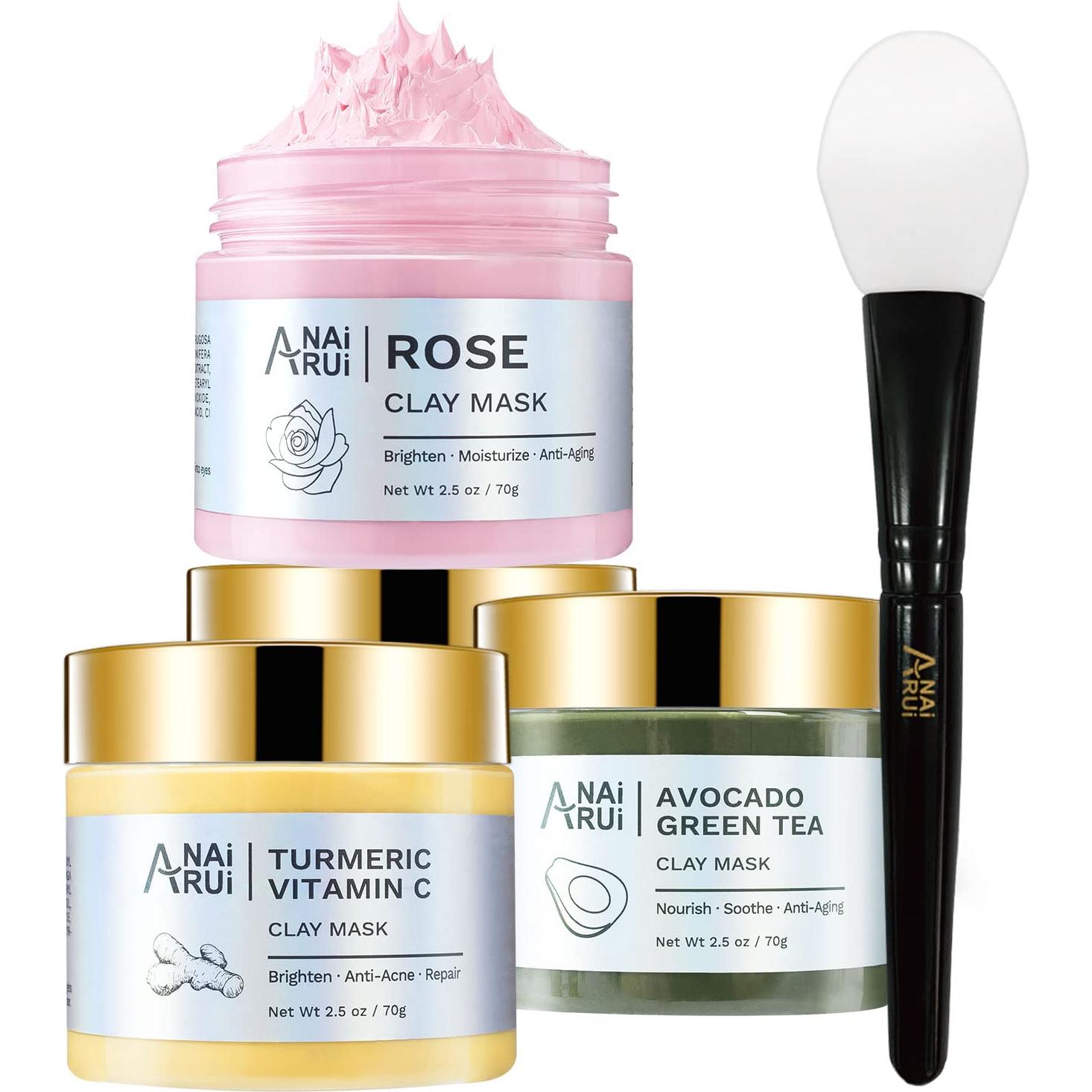 Set de Mascarillas Faciales ANAI RUI - Arcilla Cúrcuma, Rosa y Té Verde