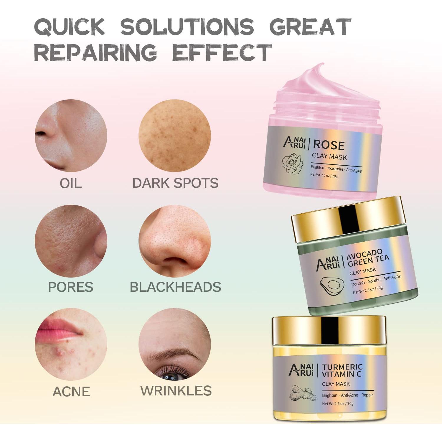 Set de Mascarillas Faciales ANAI RUI - Arcilla Cúrcuma, Rosa y Té Verde