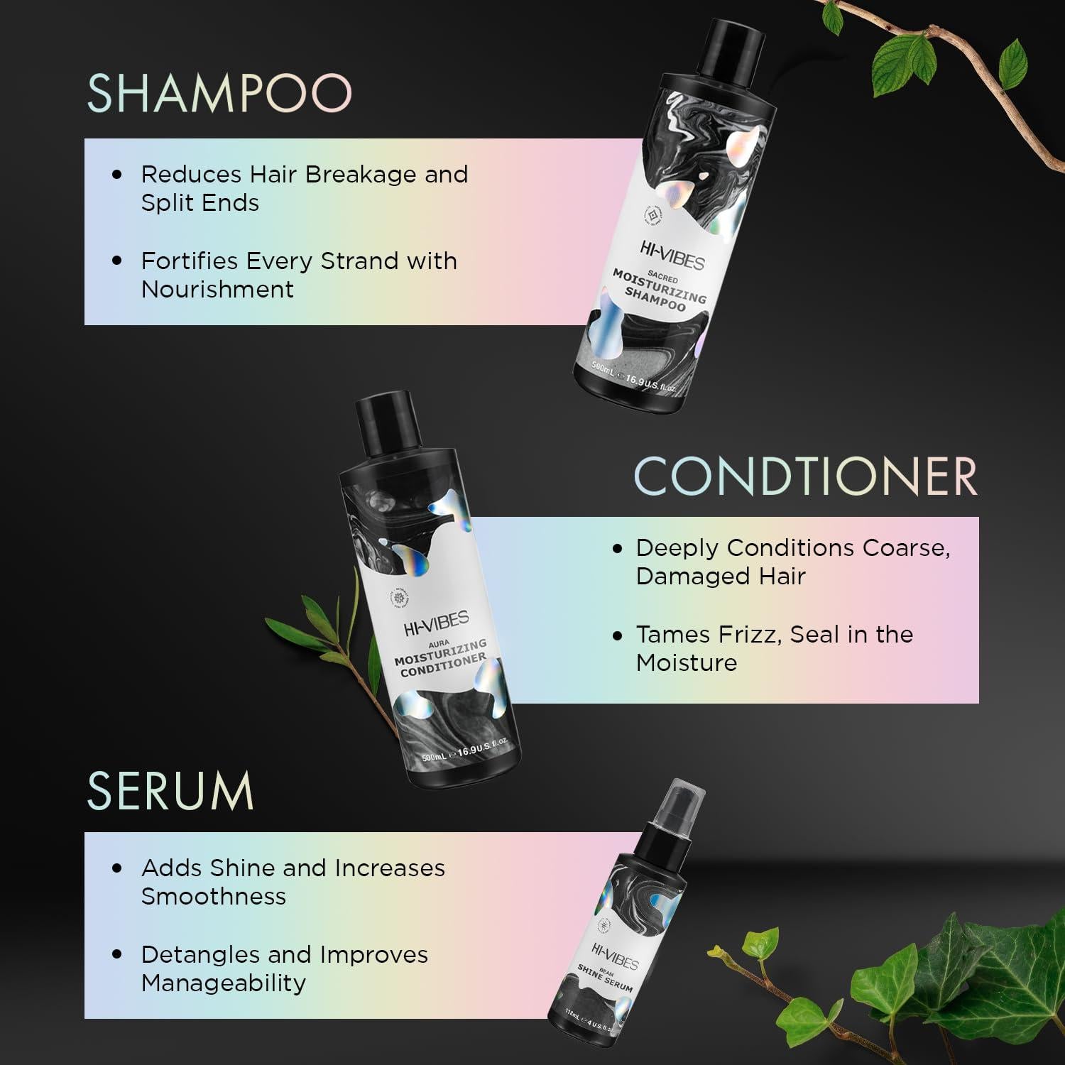 Set Trio Vegano Moehair Hi-Vibes: Champú, Acondicionador y Suero Antifrizz