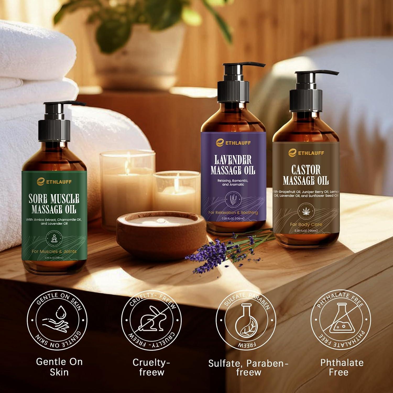 Set de Aceites de Masaje Ethlauff - 3 Pack con Arnica y Lavanda