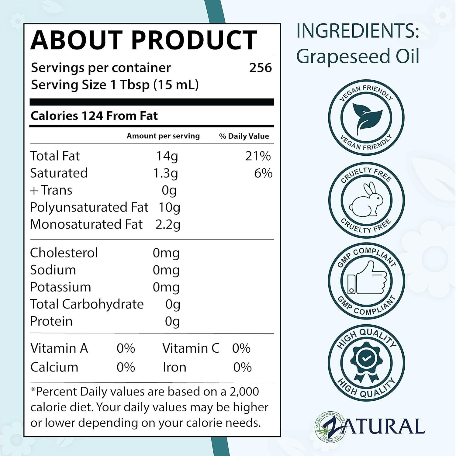 Aceite de Semilla de Uva Zatural 100% Puro 3.78L Prensado en Frío