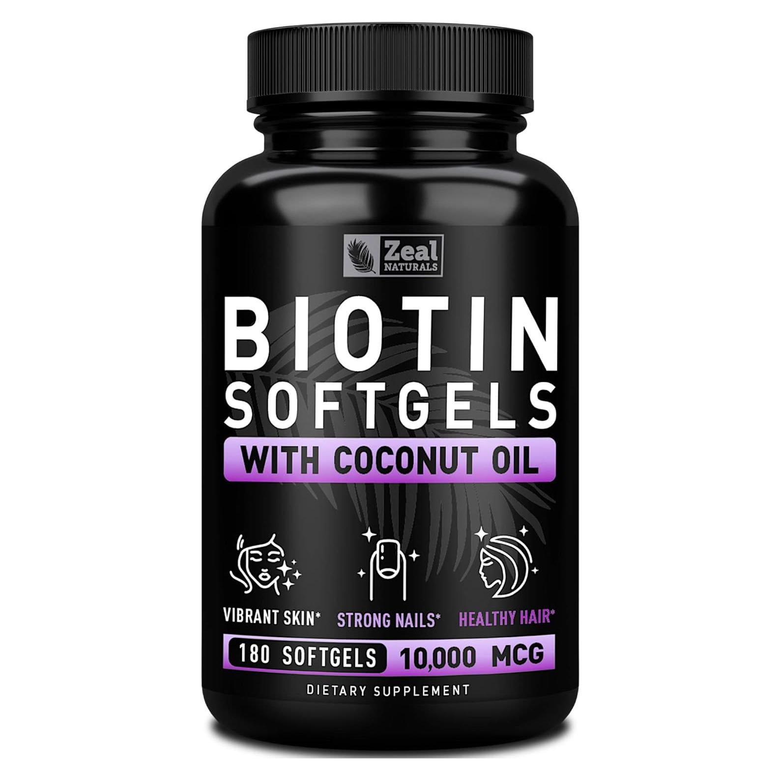 Biotina 10000 mcg Zeal Naturals con Aceite de Coco 180 Gelatinas