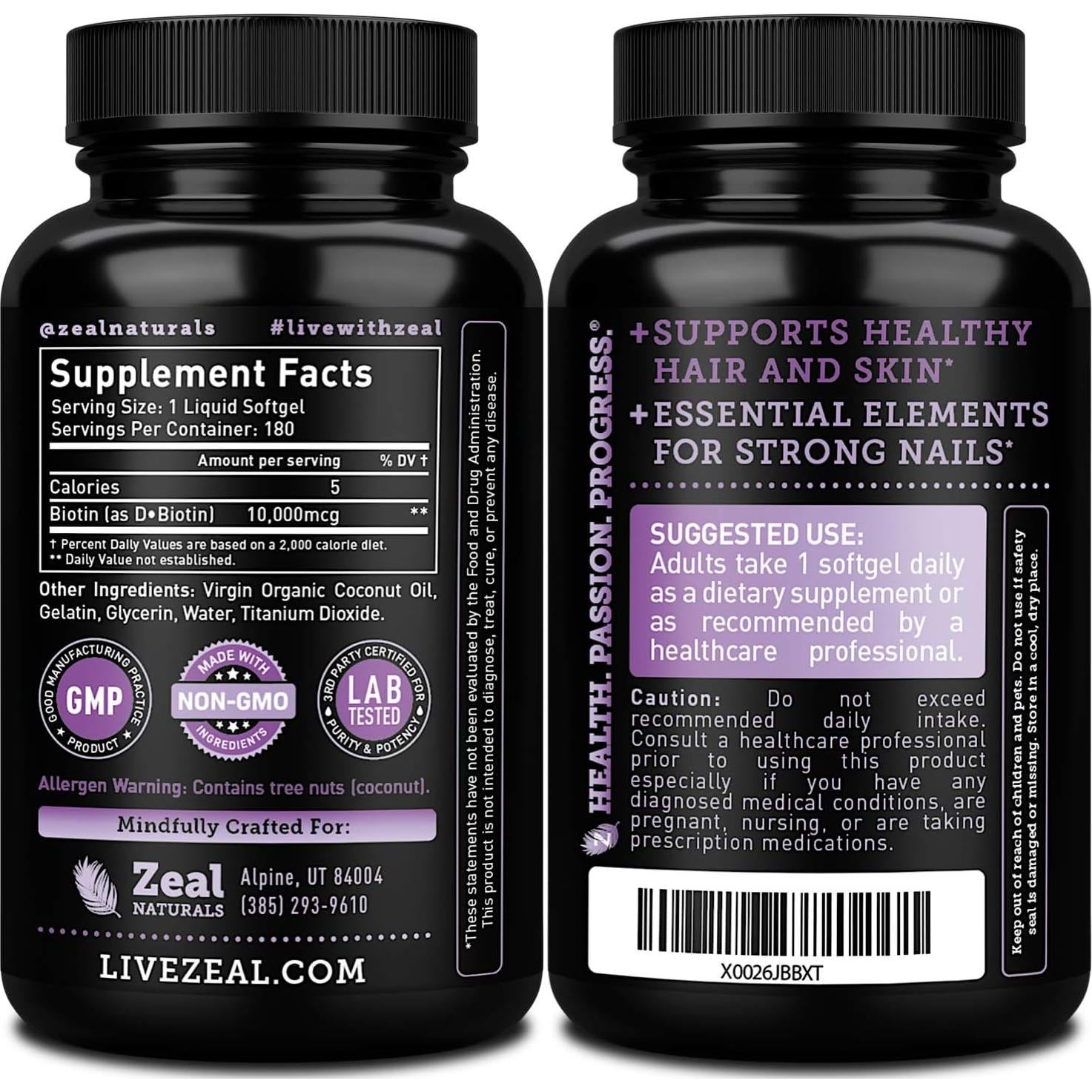 Biotina 10000 mcg Zeal Naturals con Aceite de Coco 180 Gelatinas