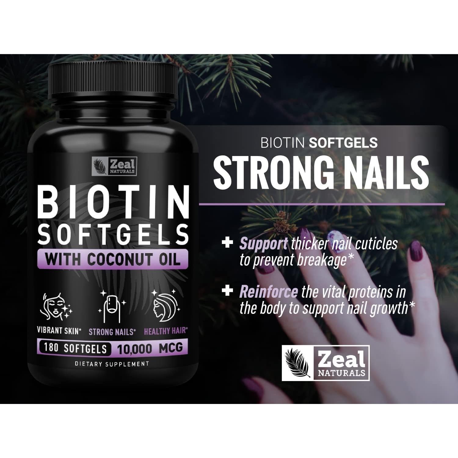 Biotina 10000 mcg Zeal Naturals con Aceite de Coco 180 Gelatinas