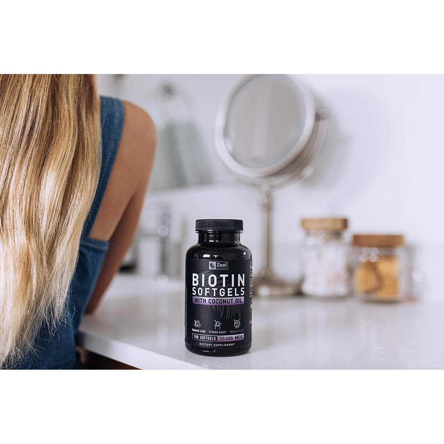 Biotina 10000 mcg Zeal Naturals con Aceite de Coco 180 Gelatinas