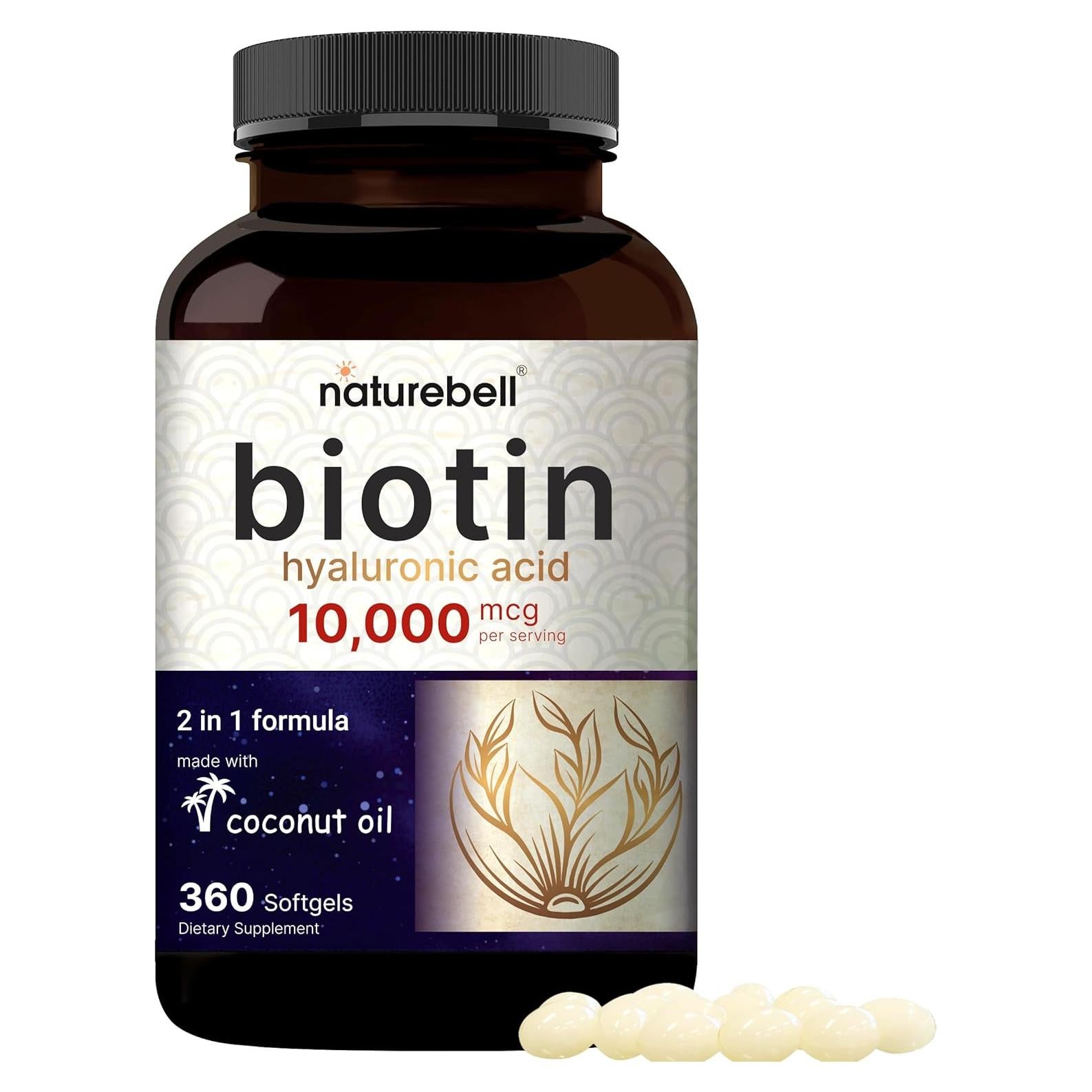 Biotina 10000mcg + Ácido Hialurónico 25mg NatureBell 360 Gelatinas