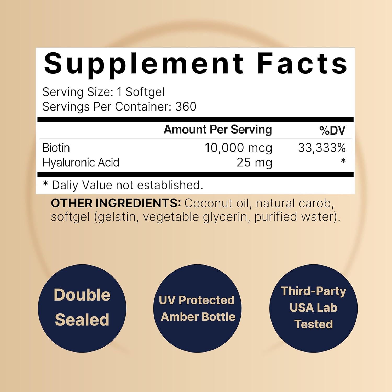 Biotina 10000mcg + Ácido Hialurónico 25mg NatureBell 360 Gelatinas