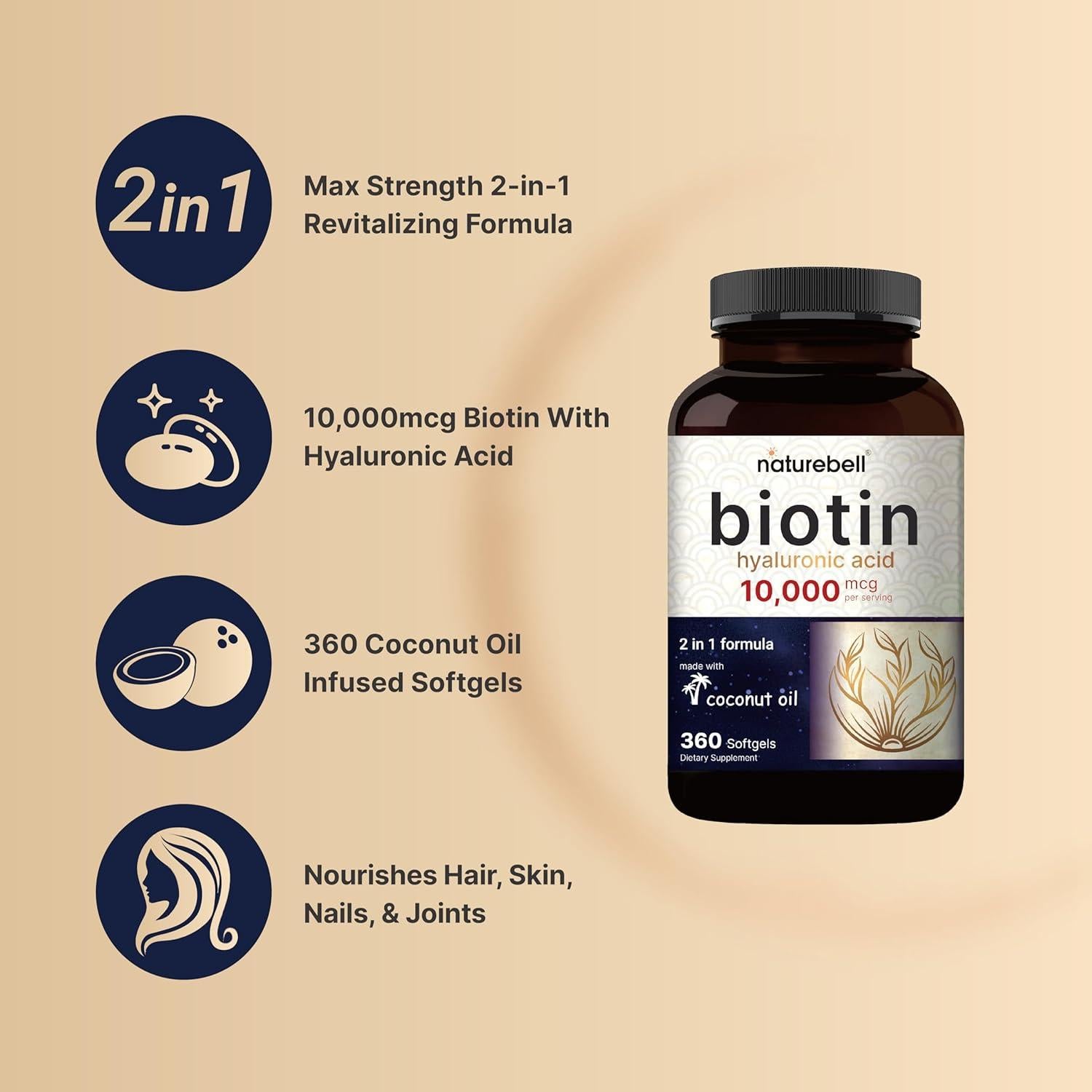 Biotina 10000mcg + Ácido Hialurónico 25mg NatureBell 360 Gelatinas