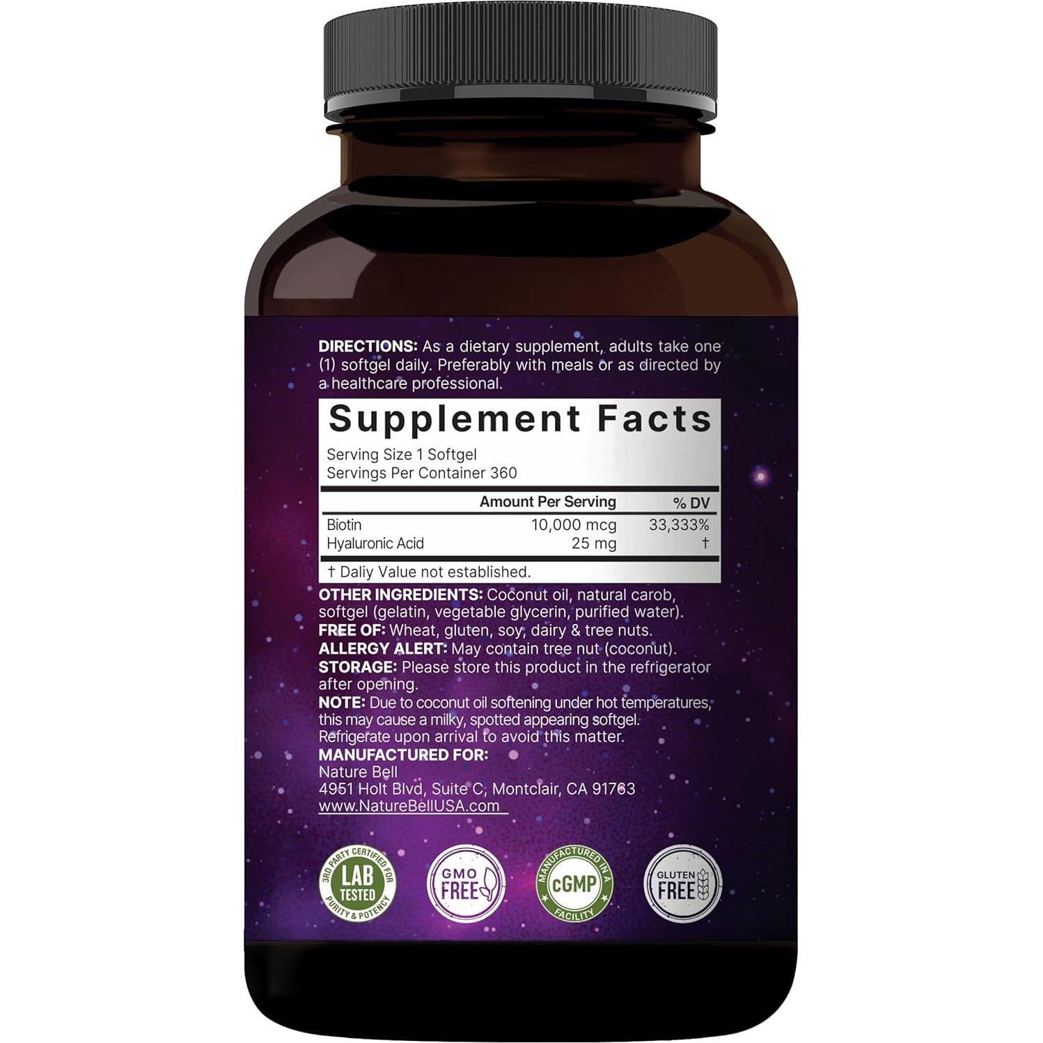 Biotina 10000mcg + Ácido Hialurónico 25mg NatureBell 360 Gelatinas