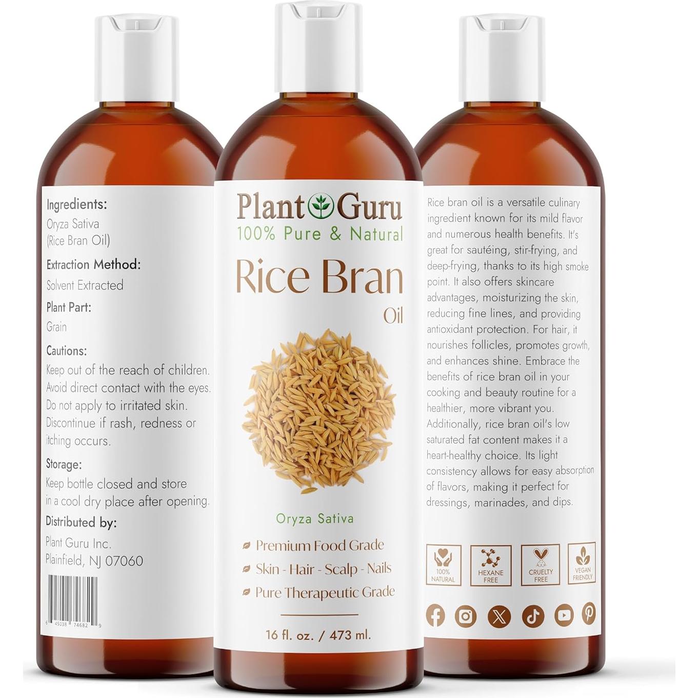 Aceite de Salvado de Arroz 473 ml Plant Guru - 100% Puro y Natural