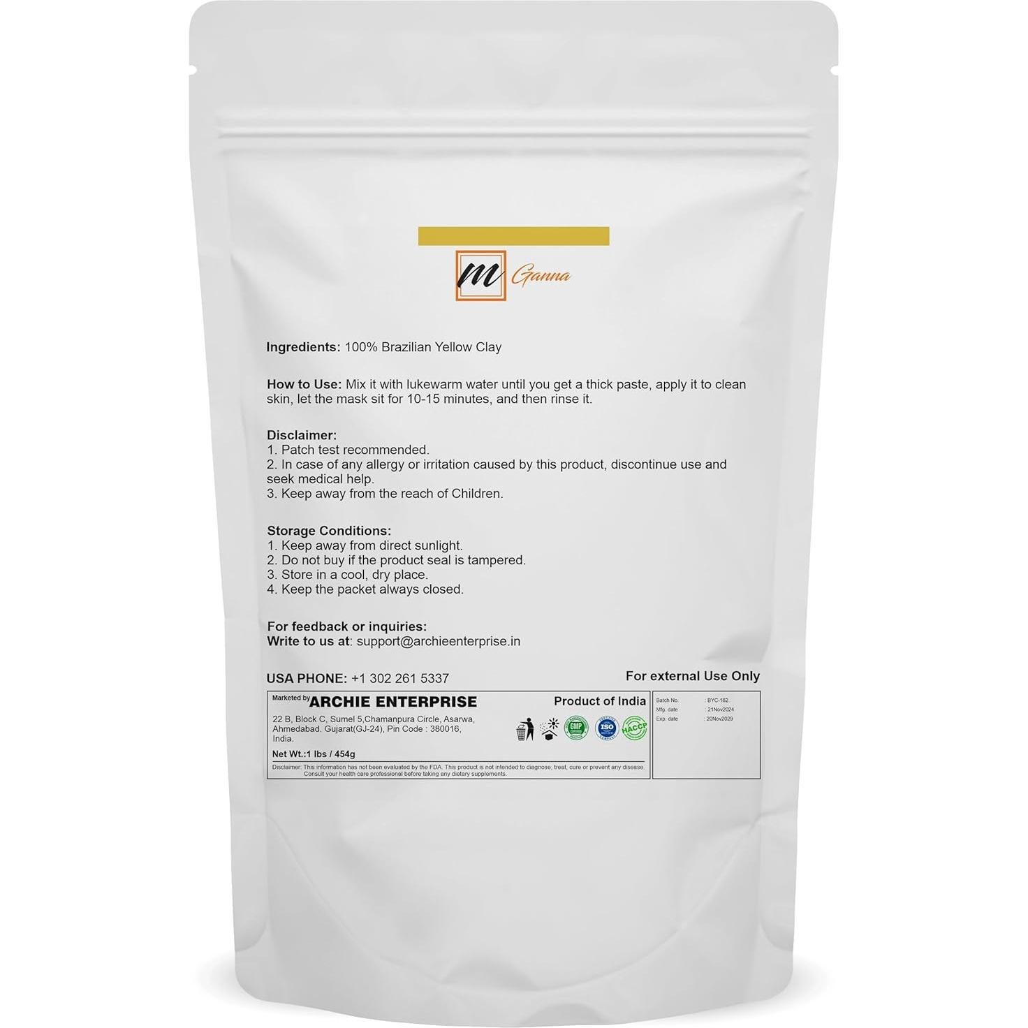 Polvo de Arcilla Amarilla Brasileña 100% Natural 454g