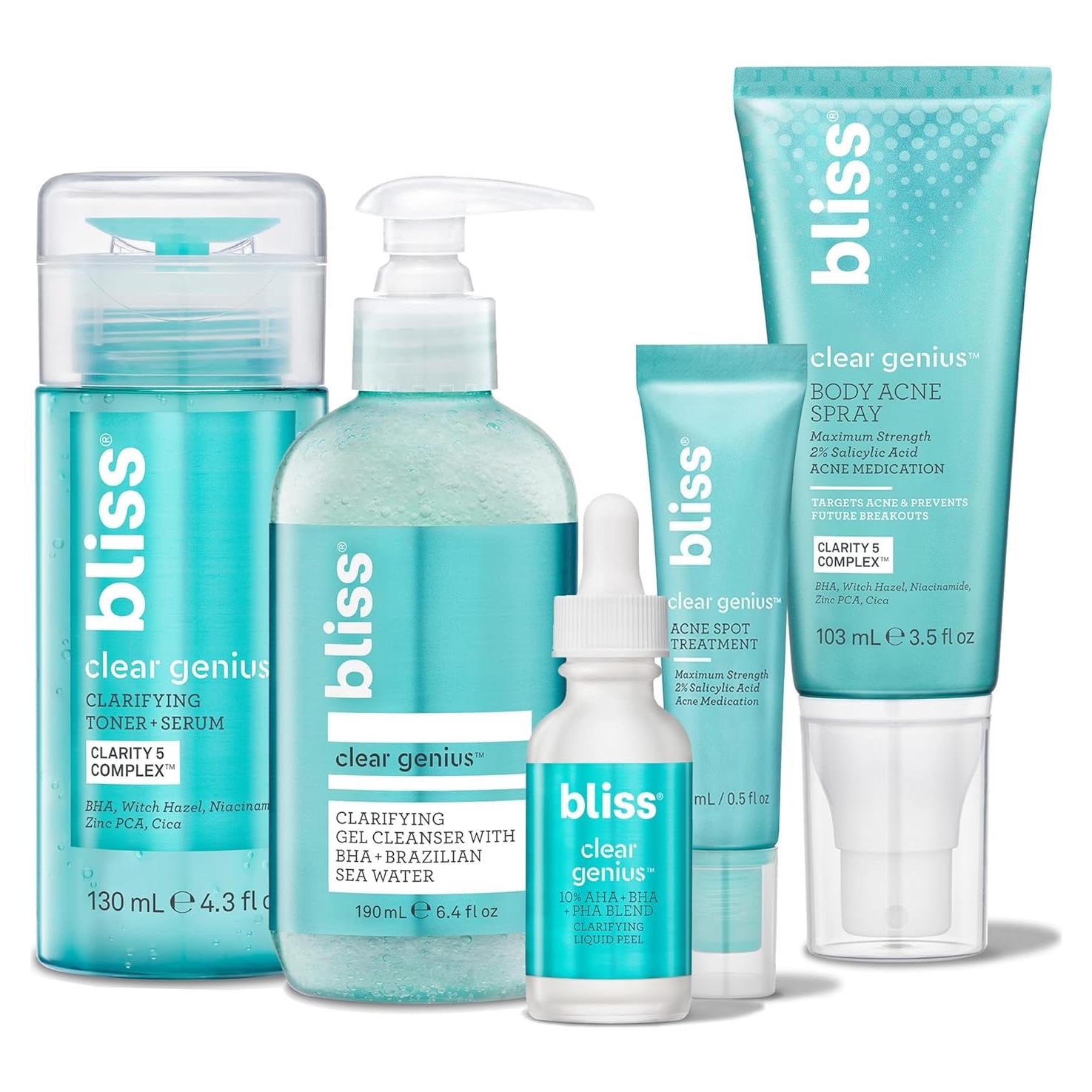 Paquete de Cuidado Facial Bliss para Piel con Acné - Gel, Tónico, Tratamiento y Peeling