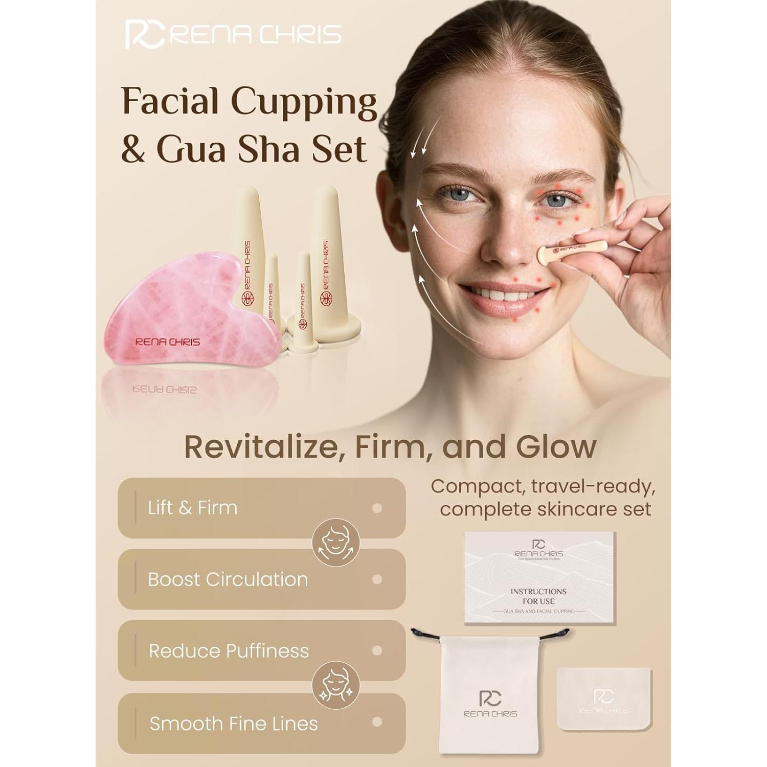 Set de Ventosas Faciales Rena Chris con Gua Sha Cuarzo Rosa