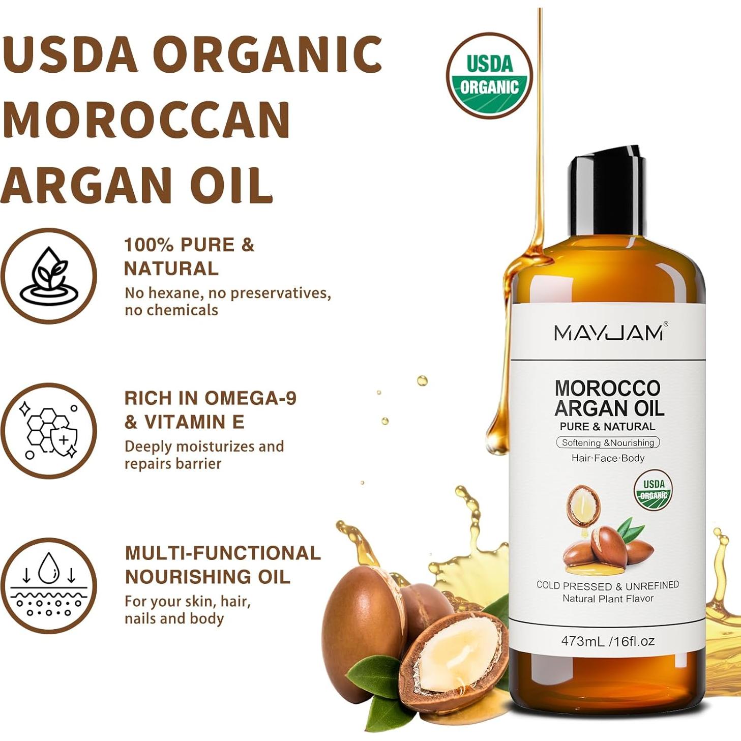 Aceite de Argán Marroquí MAYJAM 473ml 100% Puro Hidratante