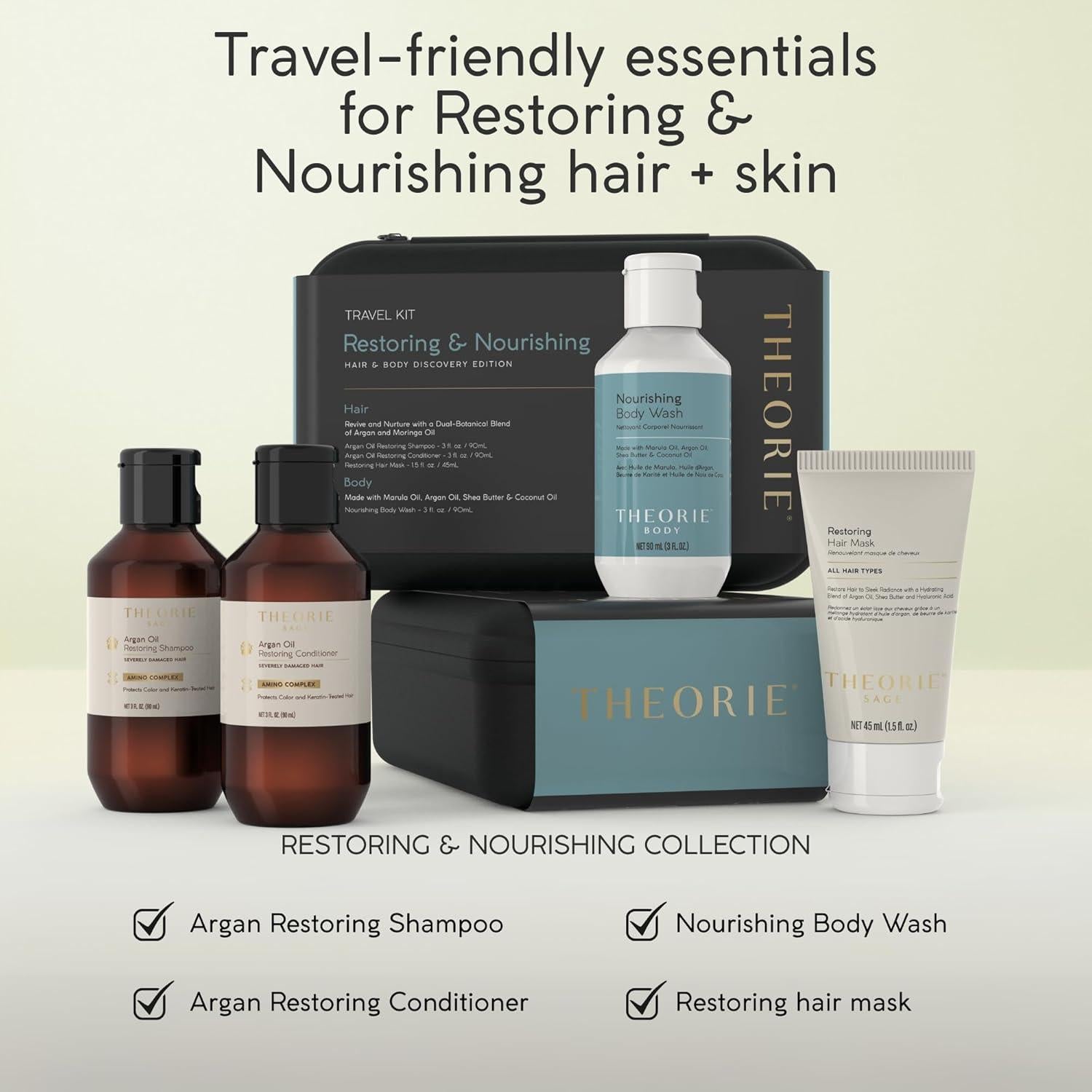 Kit de Viaje Theorie - Hidratación y Reparación Cabello y Piel