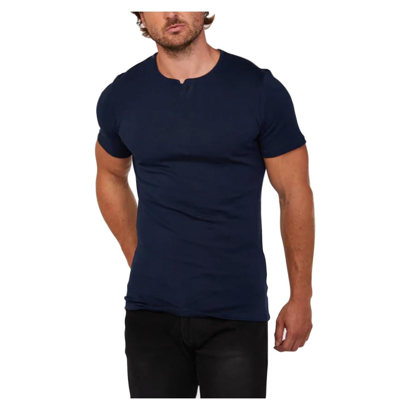 Camiseta Henley Deportiva Ajustada Algodón Hombre Azul Marino