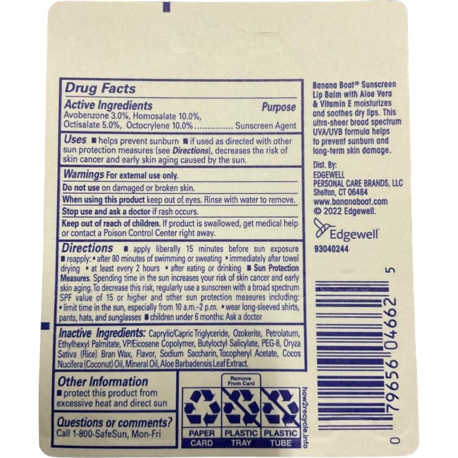 Bálsamo Labial Banana Boat Aloe Vera SPF 45 4.25g - Paquete de 4