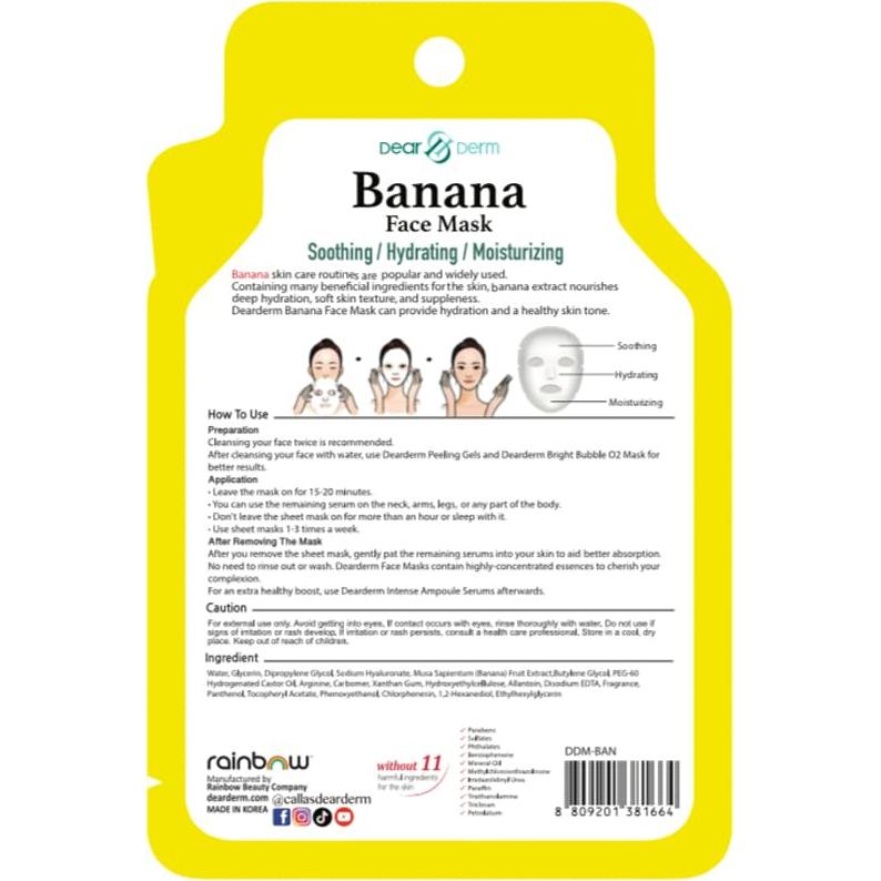 Mascarillas Hidratantes DearDerm Plátano - 10 Hojas - Cuidado Facial