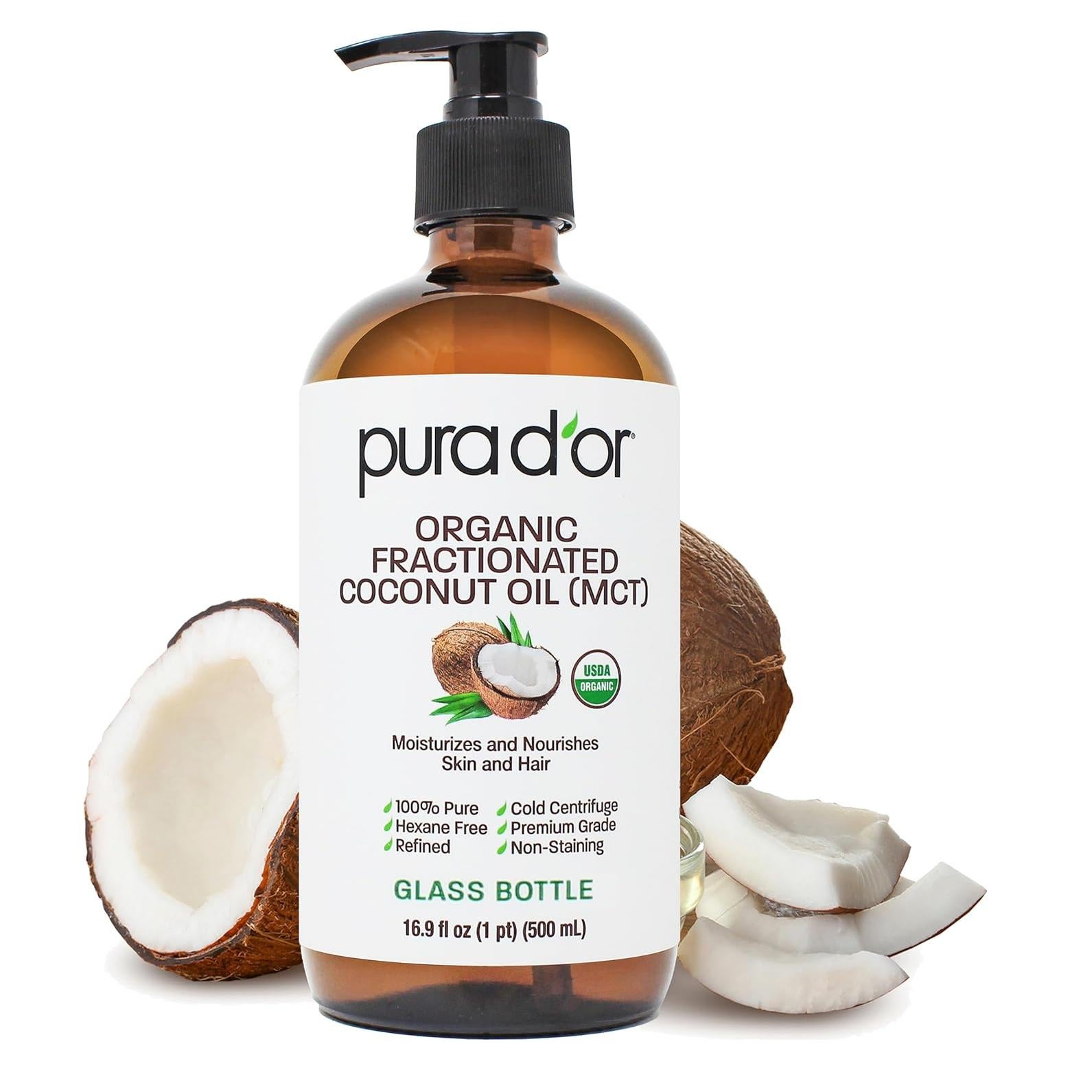 Aceite de Coco Fraccionado Orgánico PURA D'OR 500ml - Hidratante Multiuso