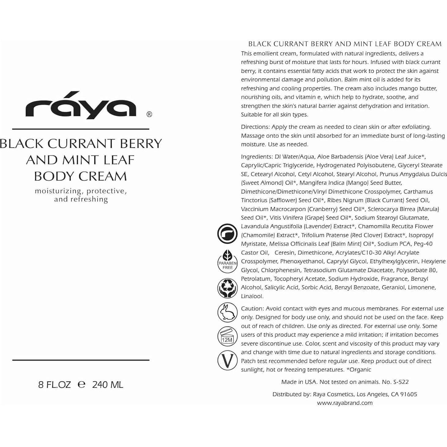 Crema Corporal Natural Raya 245g Grosella Negra y Menta