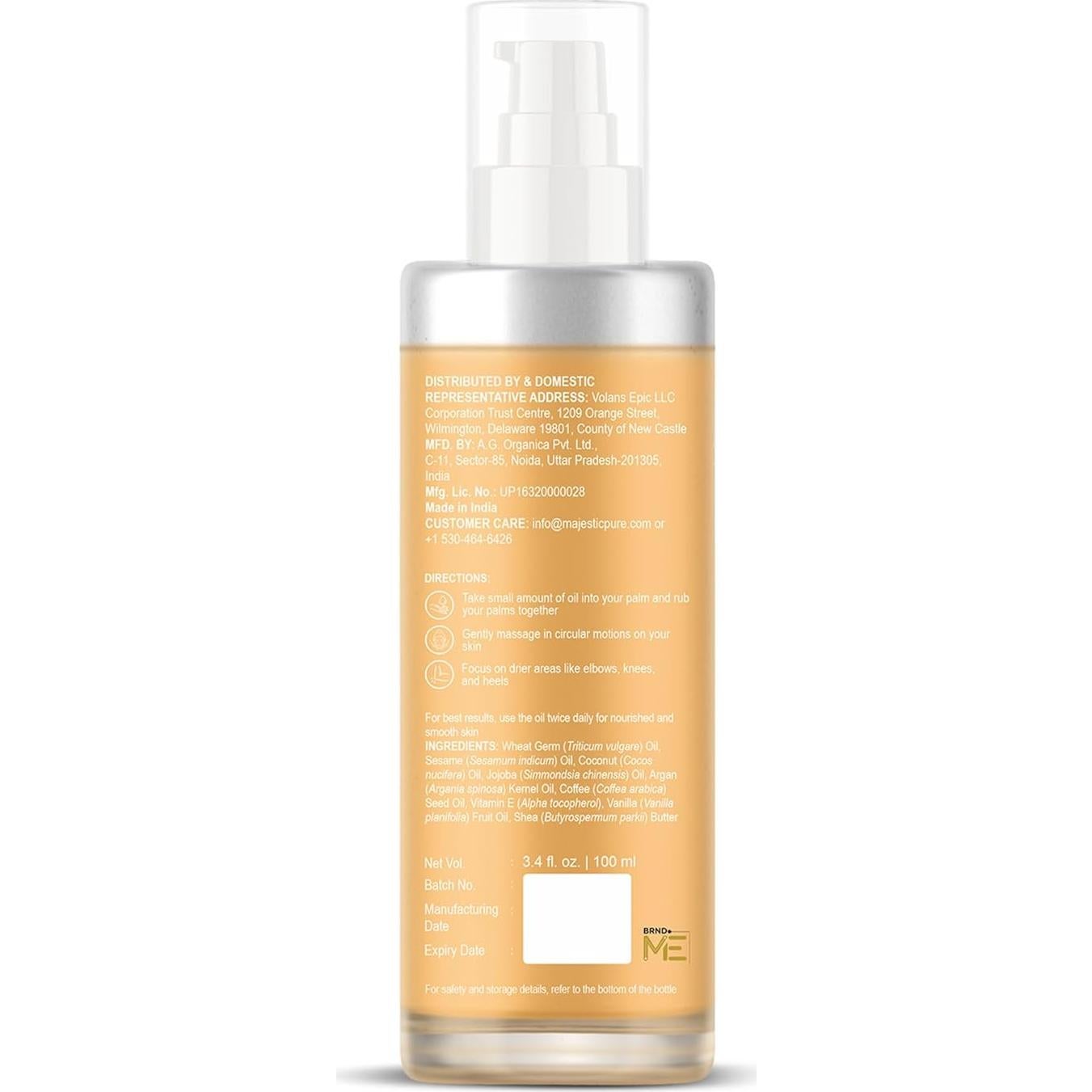 Aceite Corporal Majestic Pure Vainilla 100 ml - Hidratante y Reafirmante