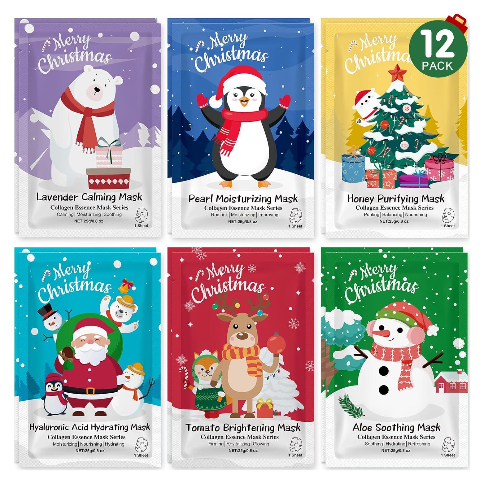 Set de 12 Mascarillas Faciales de Navidad - Hidratantes y Divertidas