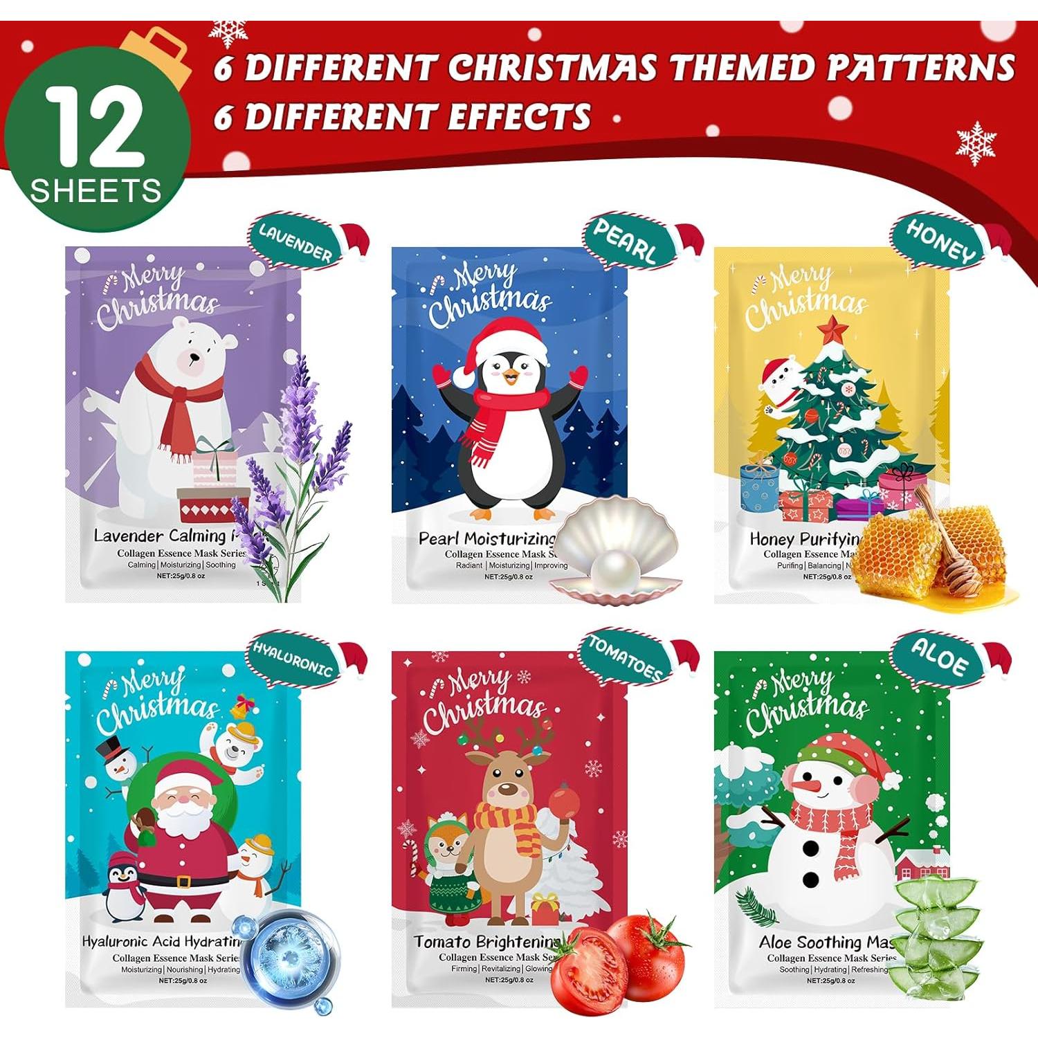 Set de 12 Mascarillas Faciales de Navidad - Hidratantes y Divertidas