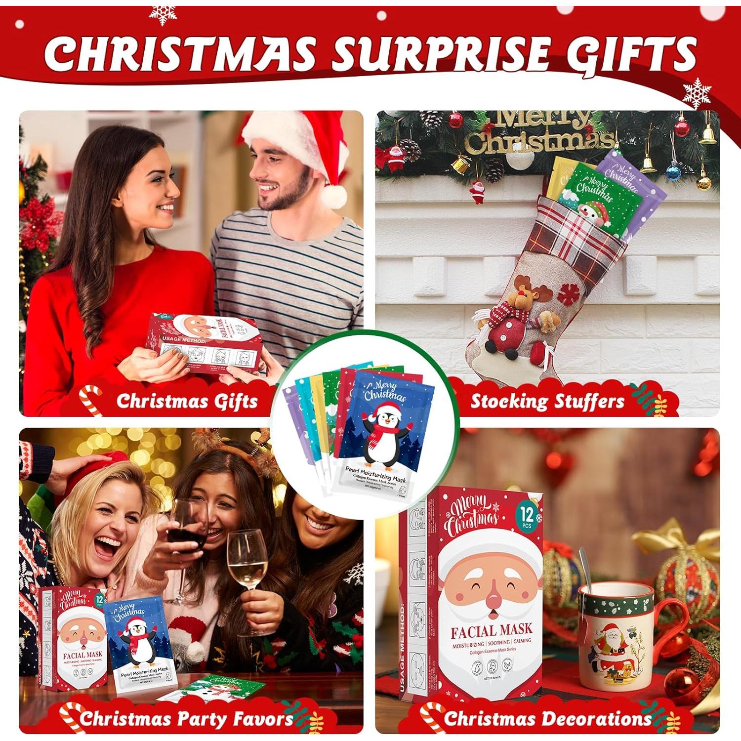 Set de 12 Mascarillas Faciales de Navidad - Hidratantes y Divertidas