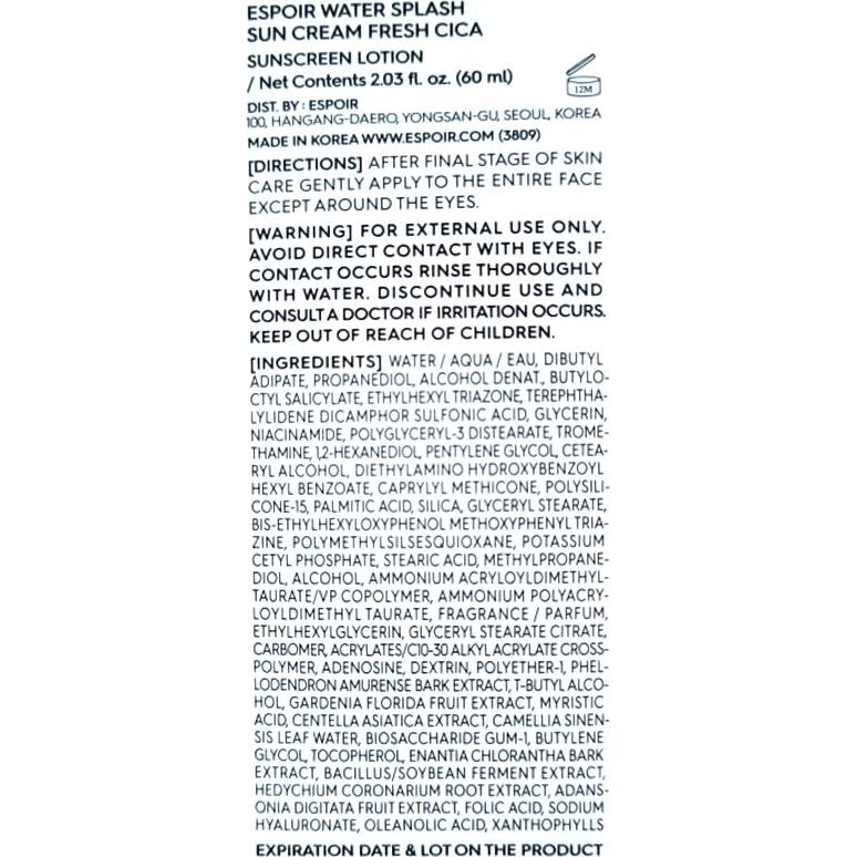 Crema Solar Espoir Water Splash Cica 60 ml SPF50+ Vegana