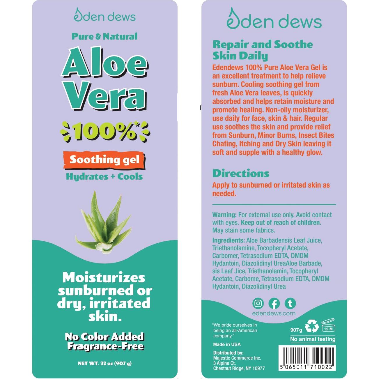 Gel de Aloe Vera Orgánico 100% Puro Eden Dews 907g Hidratante