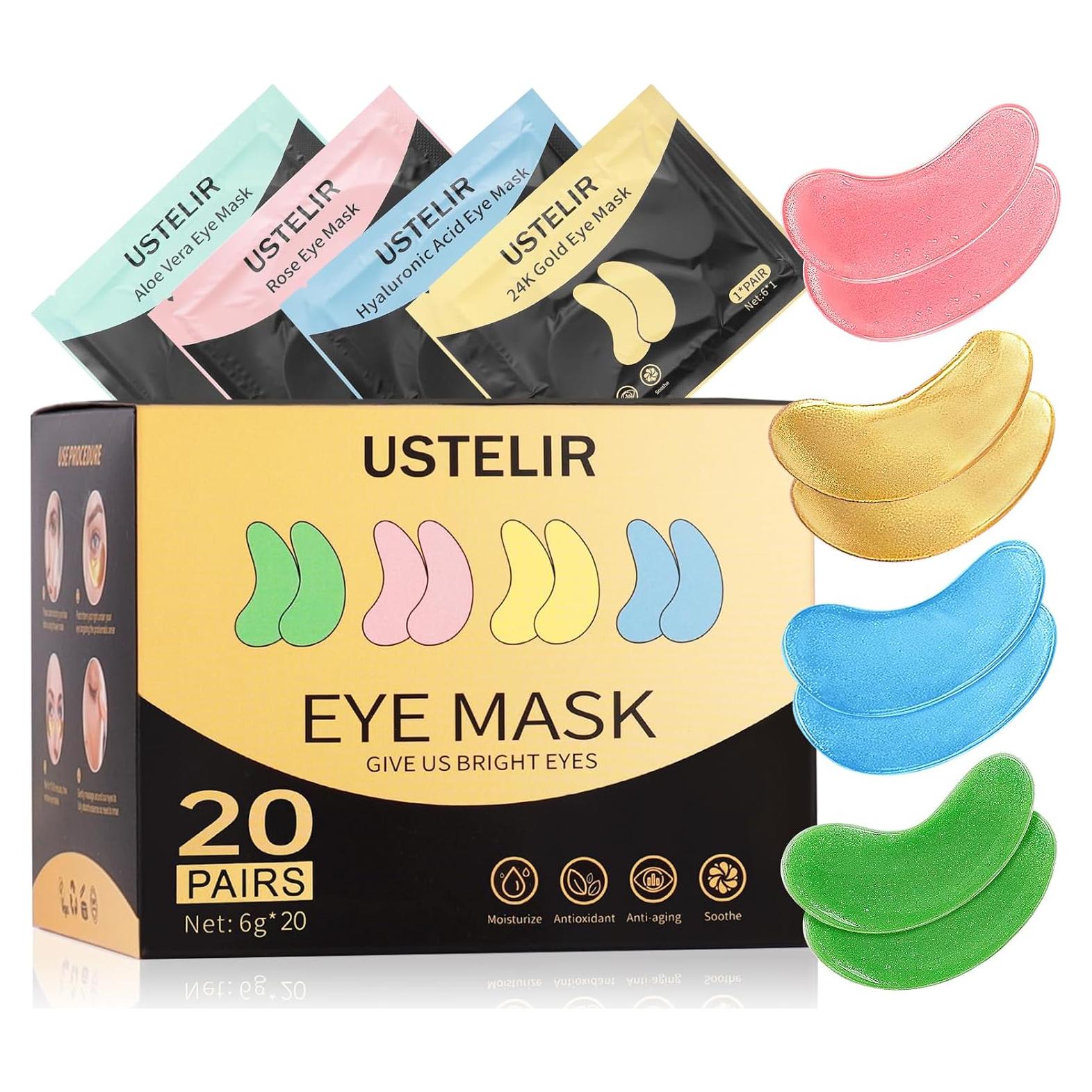 Parche para Ojos USTELIR - 20 Pares con Ácido Hialurónico y Oro